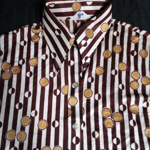 Vintage MCM Koret Kolortron Striped Op Art Dots Polyester Button Disco Shirt - M